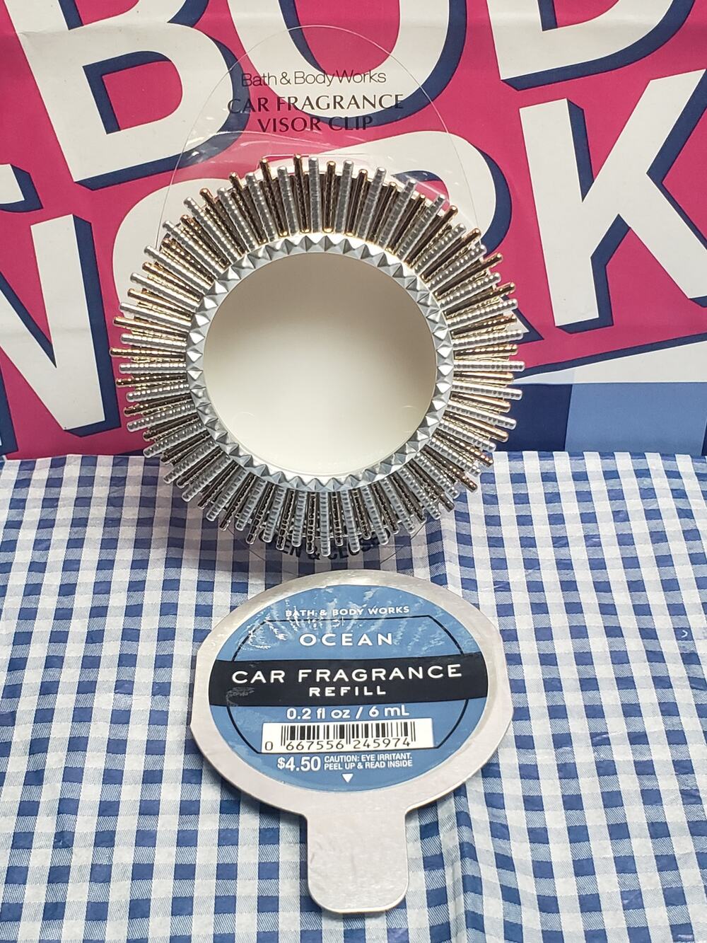 BBW Sunburst Gold & Silver Visor Clip Car Fragrance Holder w. Ocean Refill